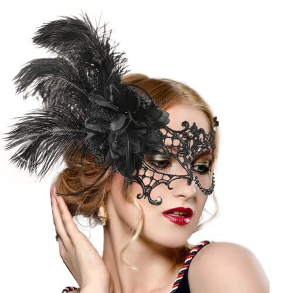 6517 Black Masquerade Masks - 2026 Feather Ball Lace Mask Shiny Rhinestone